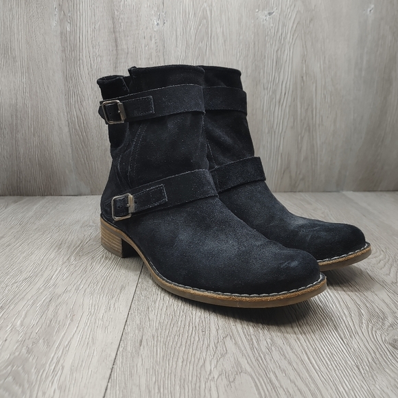 Paul Green Boot Ally Belted Suede Leather Moto UK‎ 4.5 US  7 Black Block Heel - Picture 1 of 13